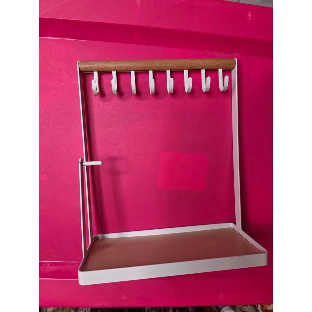 Modern White Metal and Wood Jewelry Stand Organizer‎ with 8 Hooks and Tray